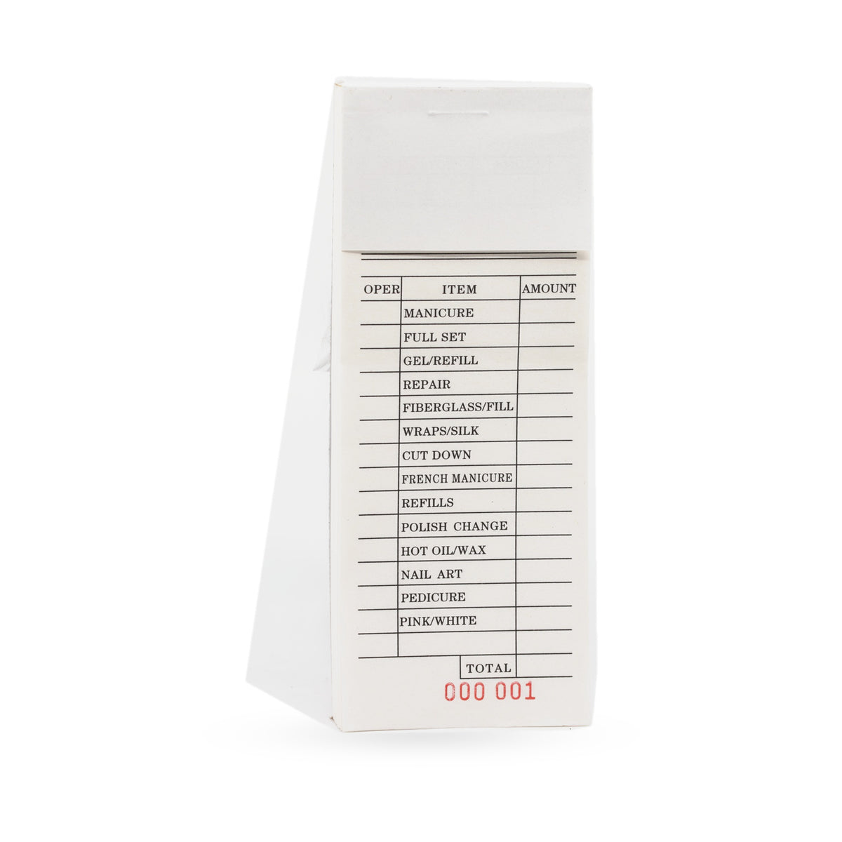 Salon ticket book with pre-printed nail services and numbered tickets